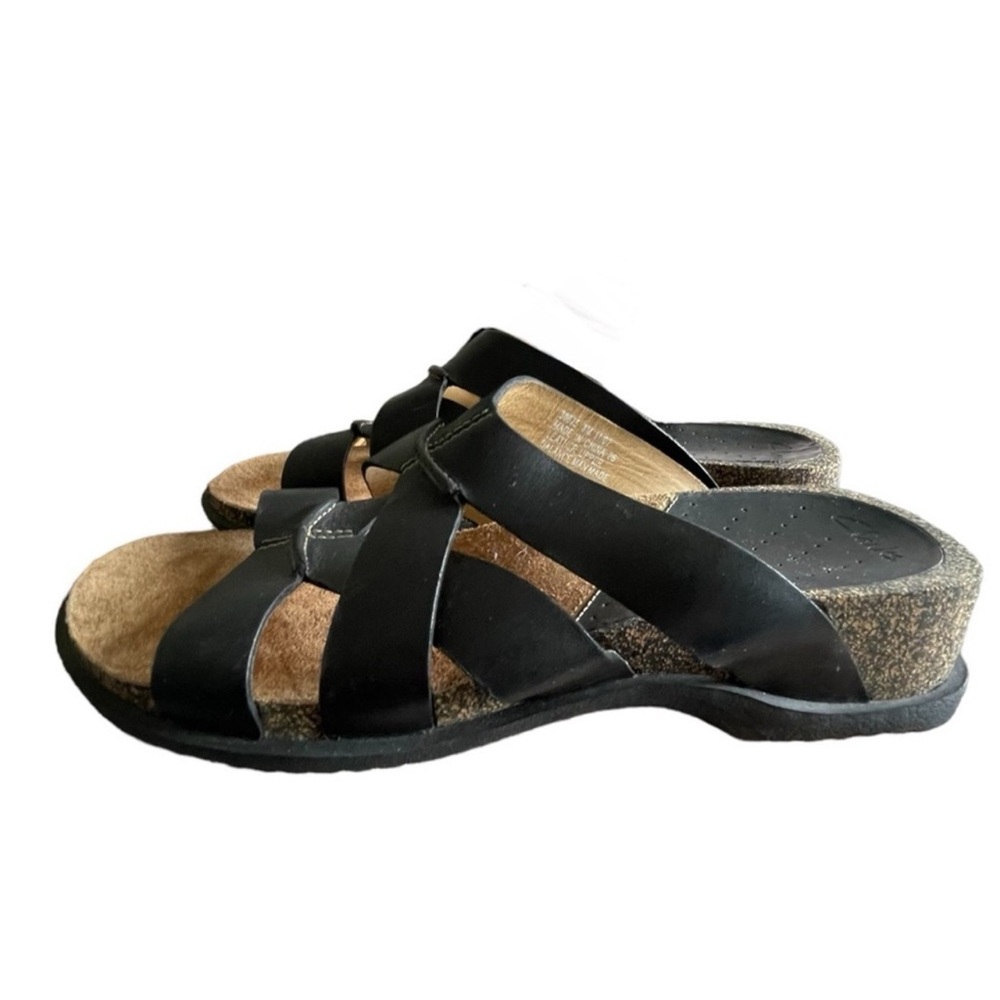 Clarks Black Slide Slip On Strappy Leather Sandals Shoes 8 M Comfort